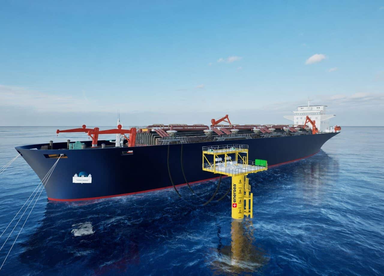 3D rendering of Enersea's offshore LNG Loading Platform alongside an LNG carrier, designed as a cost-effective alternative to traditional jetty-based LNG import infrastructure.